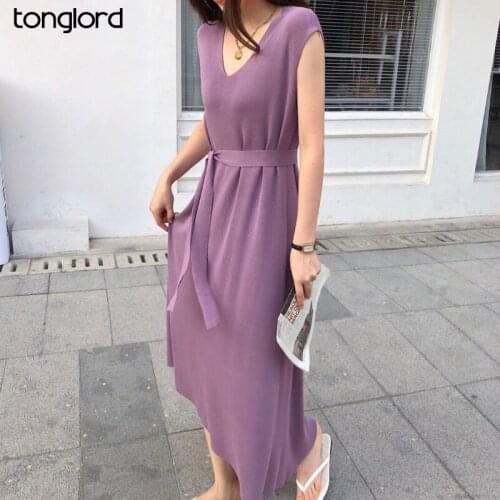 2021 Summer Short Sleeve Vest Knitted Dresses Women Retro Lace Up Waist V-neck Dresses Female Irregular Swing Elegant Vestidos
