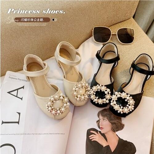 2021 Summer Kids Shoes for Girl Sandals Baby Simulation Rhinestone Pearl Princess Shoes Non-slip Black Girl Pink Sandals