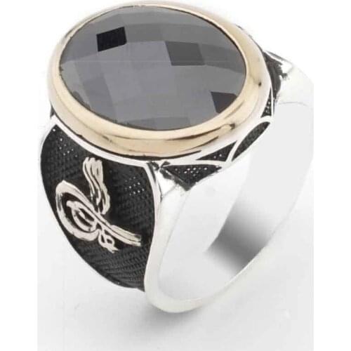 925 sterling Silver Black Zircon Stone Tuğra Detailed Male Ring