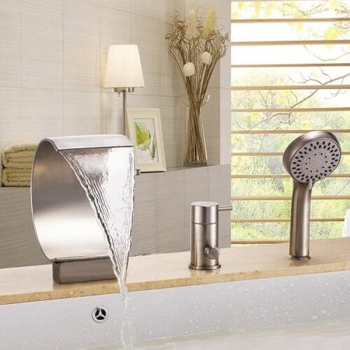 Free ship Brushed Nickel 3 pcs widespread Waterfall Bathroom Bath Roman Tub Filler Faucet
