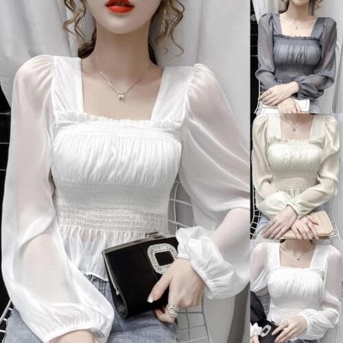 2020 Sexy Women Long Puff Sleeve Square Neck Waist Tight Chiffon Thin Blouse Top Womens Clothing блузка женская ropa de mujer