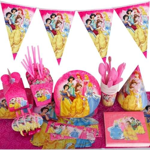Disney Princess Theme Party Decoration Package For Kid Birthday Party Disposable Supplies Cup Plate Straw Napkin Flag Tablecloth