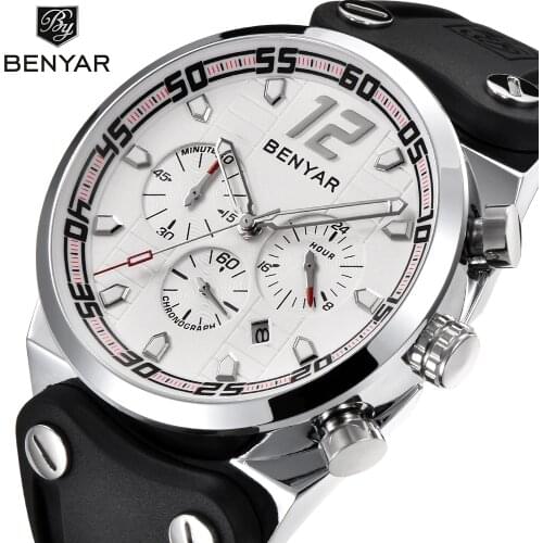 BENYAR Fashion Sports Mens Watches Complete Calendar All Dials Work Chronograph Waterproof Silicone Quartz Military Watch Men
