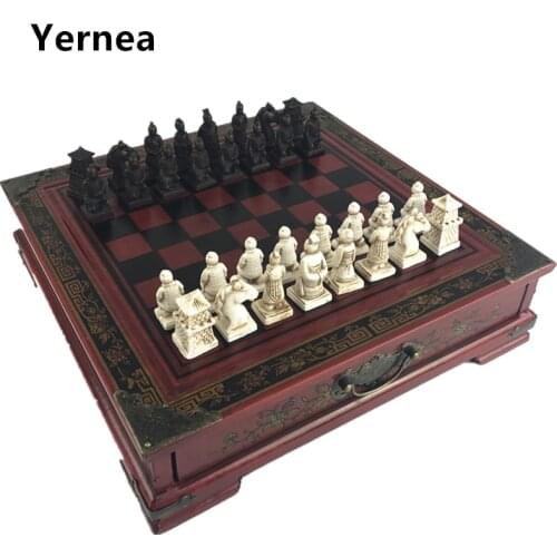 Yernea New Wood Chess Chinese Retro Terracotta Warriors Chess Wood Do old Carving Resin Chessman Christmas Birthday Premium Gift