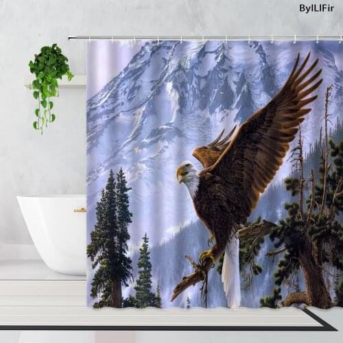 Flying Eagle Shower Curtains Snow Mountain Pine Tree Flying Animal Bathroom Decor Bath Curtain Set Screen Polyester With Hooks