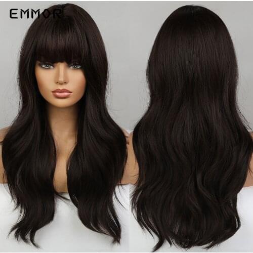Emmor Synthetic Wavy Wigs with Bangs Natural Black Wave Hair Wig for Women Fashion Heat Resistant Fiber Cosplay Party Hair Wig