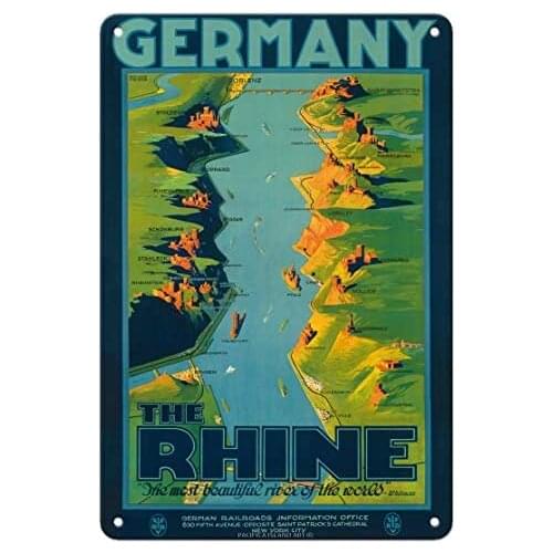 Germany - The Rhine - The Most Beautiful River of The World Walt Whitman by Richard Friese c.1930s Metal Tin Sign