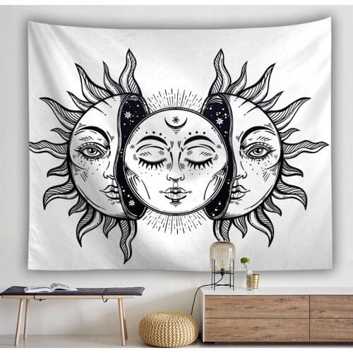 White Black Sun Moon Face Tapestry Wall Hanging Psychedelic Mandala Witchcraft Gothic Bohemian Decor Dorm Tapestries Hippie Art
