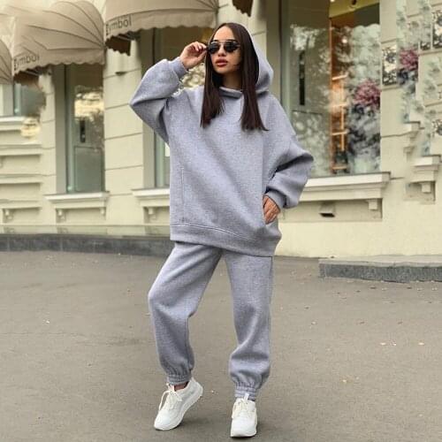 Womens Tracksuit Casual Fleece Two Piece Sets Oversized Hooded Long Sleeve Female Hoodie Suit Winter Sport Pants Ladies Set