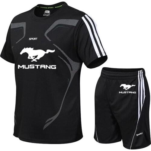 2021 New Summer Mens suits Mustang Car Logo Printed short sleeve Casual Cotton O-neck Mens T-shirt+pants 2-piece