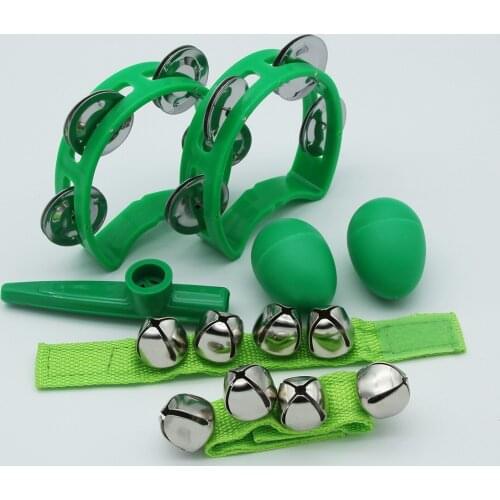 FLEOR Percussion Instruments Set Hand Tambourine & Wrist Bells & Egg Maraca & Kazoo Eudcational Toys,Green Color