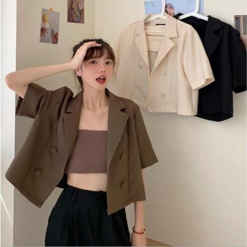 Summer 2021 New Thin Small Short-sleeved Suit Jacket Womens Short Design Niche Loose Coat Outdoor Wear Clothing Top Girls Black