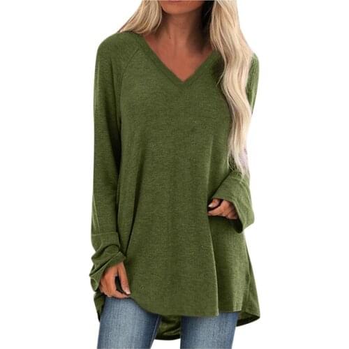 2021 Autumn New Solid Color Casual Large Size V-neck Loose Long-sleeved Pullover T-shirt Mid-length Woman Tshirts Harajuku Tops