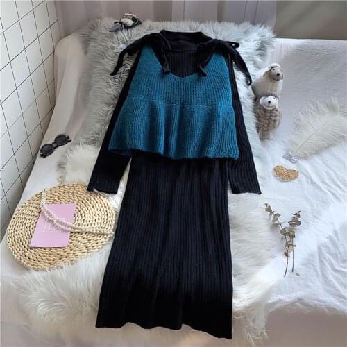 Japanese style wear blue knitted vest vest can be salt sweet sweet wind dress two sets of early autumn