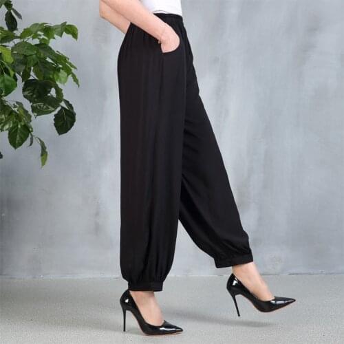 Plus Size 5XL Cotton Silk Wide-Leg Pants Middle-Aged Elderly Womens Pants Loose Bloomers Middle-Aged Female Printing Trousers