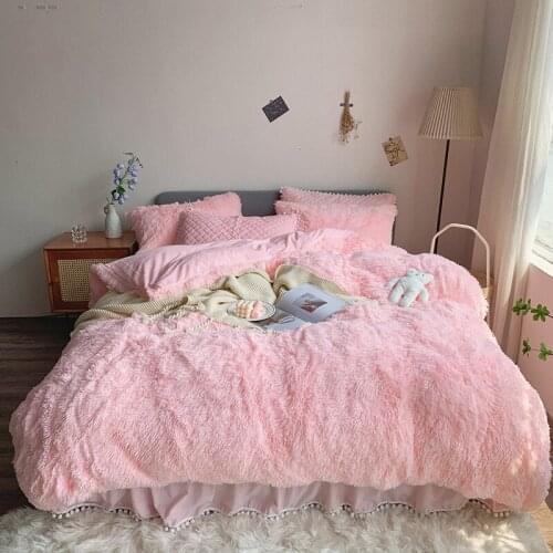 Pink Green White Gray Plush Shaggy Mink Velvet Double Duvet Cover Set Thick Bed Skirt Pillowcases Girl Bedding Set Home Textile