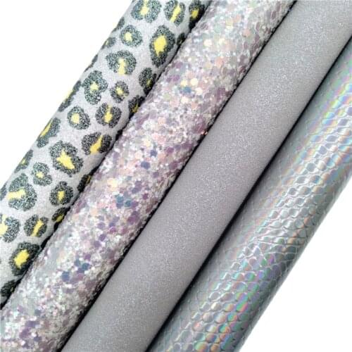 Grey Glitter Fabric, Leopard Printed Faux Glitter Leather, Suede Synthetic Leather Fabric Sheets For Bow 21x29CM KM768