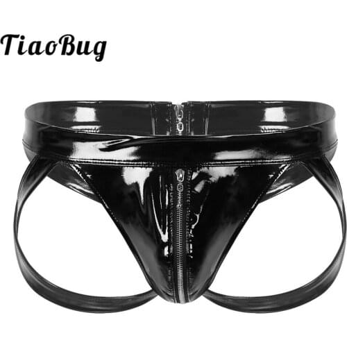 Men Black Patent Leather Panties Open Buttocks Bulge Pouch Zipper Bikini Briefs Jockstrap Male Sexy Gay Underwear Beach Swimwear