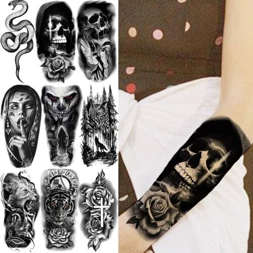 Skull Rose FLower Temporary Tattoos For Women Adults Realistic Snake Clown Forest Lion Tiger Vampire Fake Tattoo Sticker Tatoos