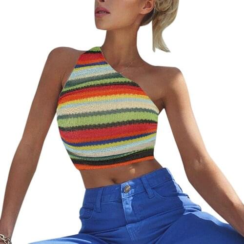Womens One Shoulder Tank Tops Sexy Sleeveless Striped Color Block Ruched Crop Tops