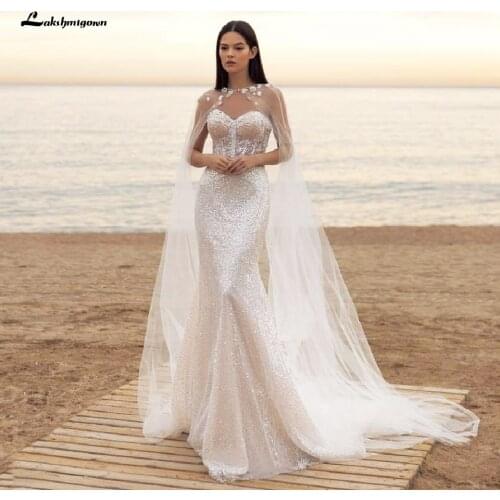 Lakshmigown Glitter Sequin Mermaid Wedding Dress 2020 Wraps Corset Wedding Gowns 3D Flowers Sexy Bridal Dress Long Robe Sirene