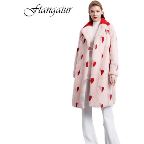 Ftangaiur 2019 Winter Import Velvet Mink Fur Coat Loss Print Red Heart Slim Mink Coat Womens Medium Natural Real Mink Fur Coats