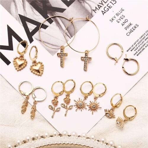 7 Pairs/Set New Design Bohemian Gold Earrings Set Cross Heart Eye Flower Leaf Circle Round Earring 2019 Fashion Jewelry Gifts