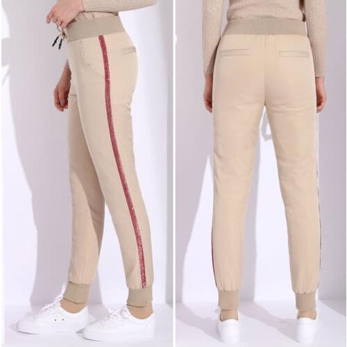 Trousers Women Lace Up Thick Pants Plus Size Womens Pant Female Winter Down Pants with Stripes Women High Waist Warm Black
