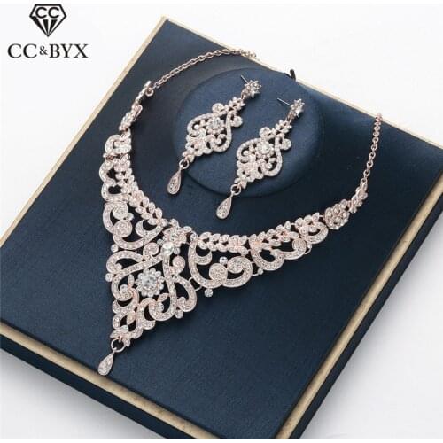CC Wedding Jewelry Set Necklace Drop Earring Elegant Engagement Accessories for Women Bridal Hollow Design Long Pendant D020