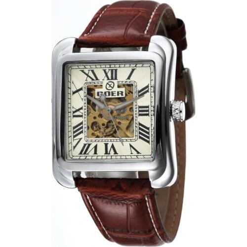 Top Brand Luxury Square Automatic Mechanical Skeleton Watches PU Leather Fashion Casual Men Watches relogio masculino GOER