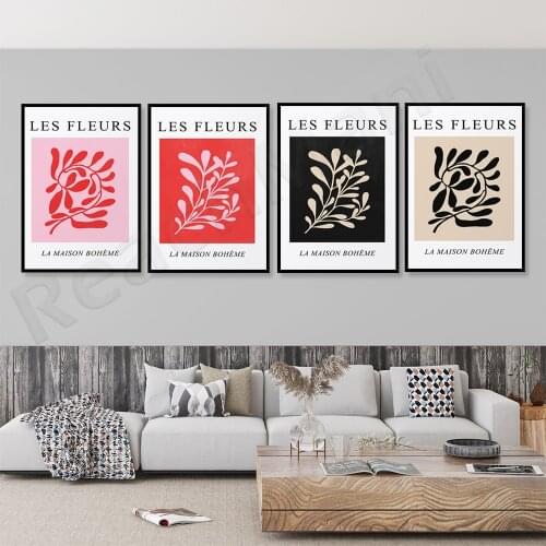 Les Fleurs poster, red, pink, black, beige Matisse style botanical prints abstract leaves printable wall art modern Les Fleurs g