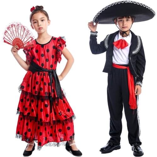 Kids Spanish Girls Flamenco Mexican Boy Mariachi Amigo Festival Carnival Party Cosplay Fancy Stage Performance Costume Hat Set