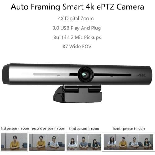 AI 4K ePTZ Auto Framing Camera 4x Digital Zoom Smart Video Conference Camera 87° Wide FOV USB3.0 Plug and Play