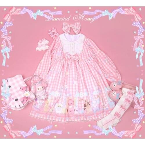 Kawaii Rabbit Doll Plaid Checks Japanese Womens Lolita OP Dress Bows Long Sleeve Peter Pan Collar Cute One Piece Pink & Blue