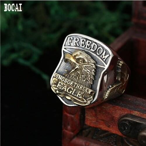 Real s925 sterling silver jewelry personality punk style retro letters eagle wide ring adjustable mens ring