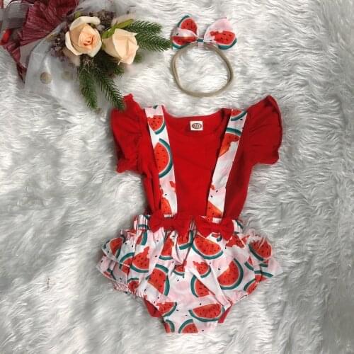 FOCUSNORM 3 Colors Summer Lovely Baby Girls Clothes Sets 3pcs Ruffles Fly Sleeve Solid Romper Fruit Overalls Shorts Headband