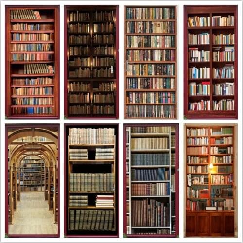 Retro Library Bookshelf Door Sticker Vinyl Waterproof Removable Art Door Poster Home Decor Renovation For Study Room House Door