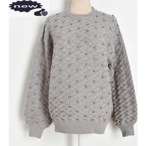 Autumn Women Luxury Sweater Fashion Hole Beading Lantern Sleeve Knitting Tops Lady Casual O-Neck Loose Fit Pullovers Sweaters