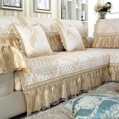 Beige Luxury Cotton Linen Sofa Cover High-end Gold Color Lace Jacquard Sofa Towel Non-slip Cushion Backrest Pillow Case Sofa Set