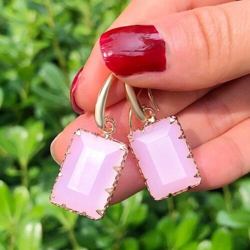 SAY Geometric Alloy Rectangular Glass Imitation Opal Inlaid Crystal Pendant Dangle Earrings Aretes Ladies Accessories