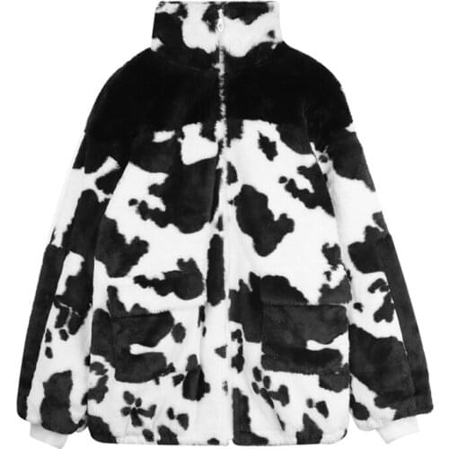 VSUE Women Beige Faux Fur Coat Outwear Zipper Warm Thick Turn Down Collar Pocket Cow Print C0416