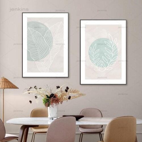 Nordic Blue Watercolor Abstract Canvas Painting Scandinavian Poster Plant Leaf Line Wall Art Print Picture for Bedroom Decor