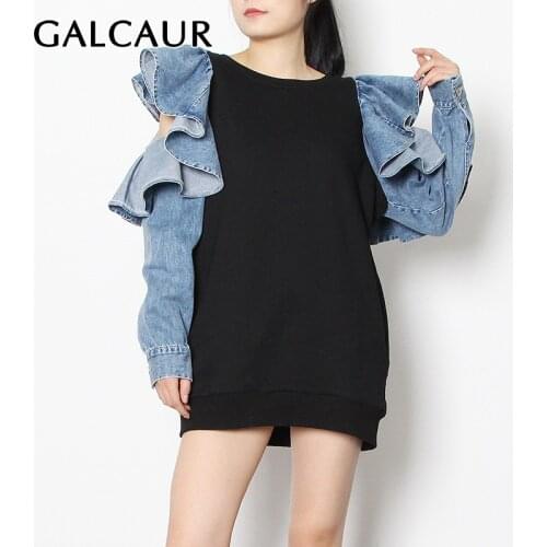 GALCAUR Black Sweatshirts For Women O Neck Butterfly Long Sleeve Patchwork Ruffles Pullovers Hit Color Pullovers Female 2021 New