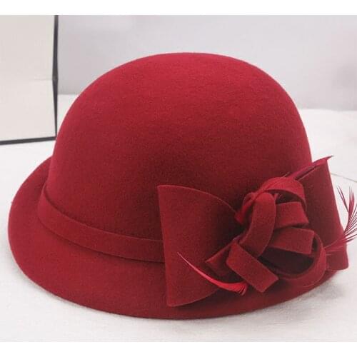 Lady Fedoras Wool Hat Female Autumn Winter New Woolen Bowler Hat Women Fashion Elegant Flowers Fedoras Cap Short Adjust B8954