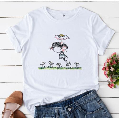 Womens T-shirt Loose 2021 Summer New Style Hedgehog and Dandelion Pattern Printed Short-sleeved Top Womens Cute Womens Street