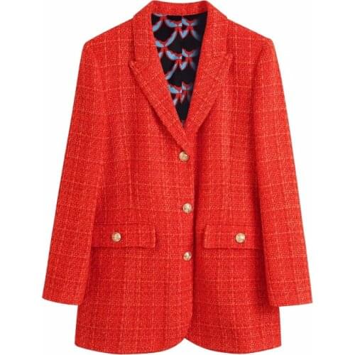 SLMD Vintage Chic Red Tweed Jacket Women Fashion Print Lining Buttons Pockets Coat Ladies Elegant Outerwear