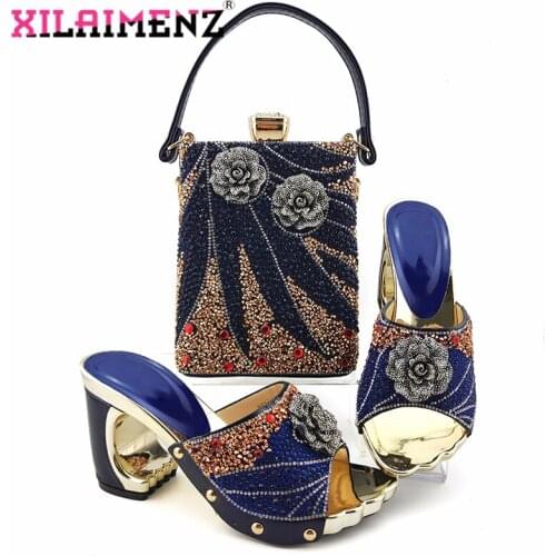 Square Heels African Women Shoes and Bag with Shinning Crystal 2020 New Arrivals Nigerian Matching Shoes and Bag Set for Party