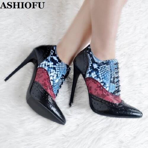 ASHIOFU Handmade New Womens High Heel Pumps Patchwork Office Party Dress Shoes Lace-up Daily Wear Fashion Court Pumps Shoes