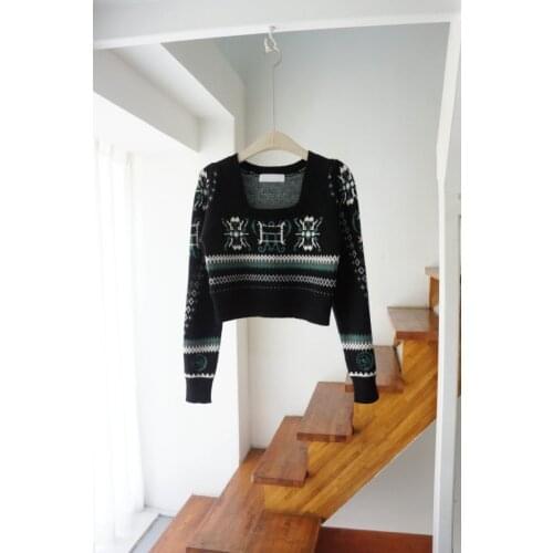 Korean Chic Hit Color Plaid Square Collar Women Sweaters Vintage Long Sleeve Crop Pullovers New Arrival Japanese Sueter Mujer