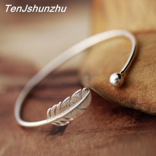 925 Sterling Silver Jewelry Female Feather Adjustable Bangle&Bracelet For Women Pulsera sl005